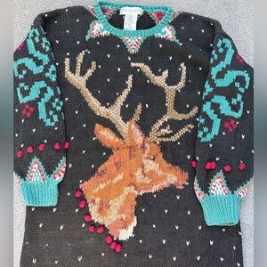 Vtg Rebecca Stone Black Grey Green blue Reindeer Elk Sweater ML